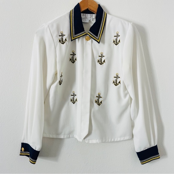 Petite Sophisticate Tops - Vintage Nautical Button Down Embroidered Collared Blouse - Petite Sophisticate